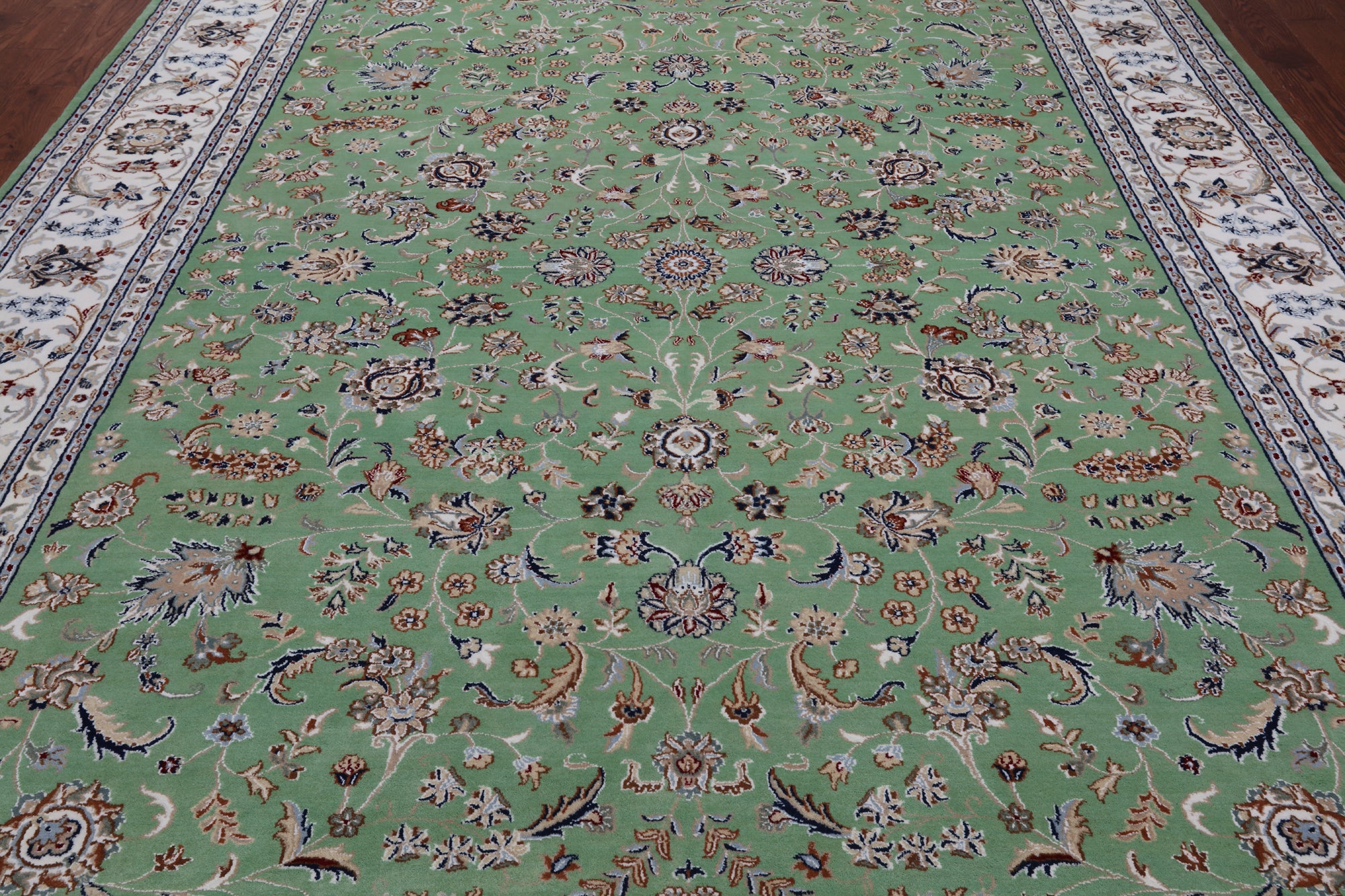 Green Persian Nain Hand Knotted Wool & Silk Rug - 9' 1" X 12' 0"