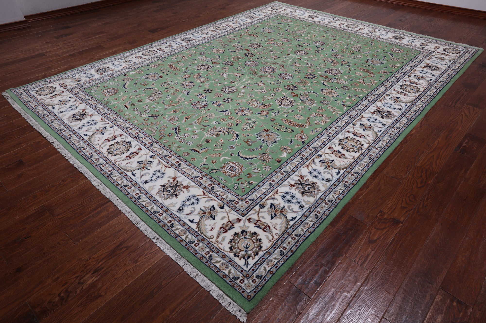 Green Persian Nain Hand Knotted Wool & Silk Rug - 9' 1" X 12' 0"