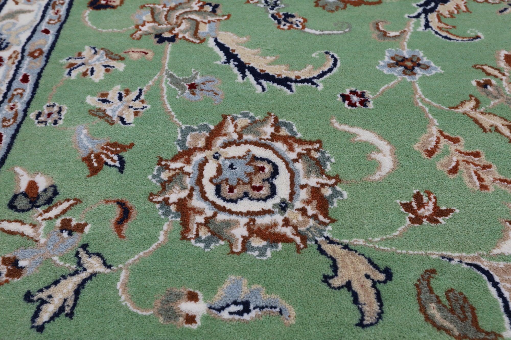 Green Persian Nain Hand Knotted Wool & Silk Rug - 9' 1" X 12' 0"