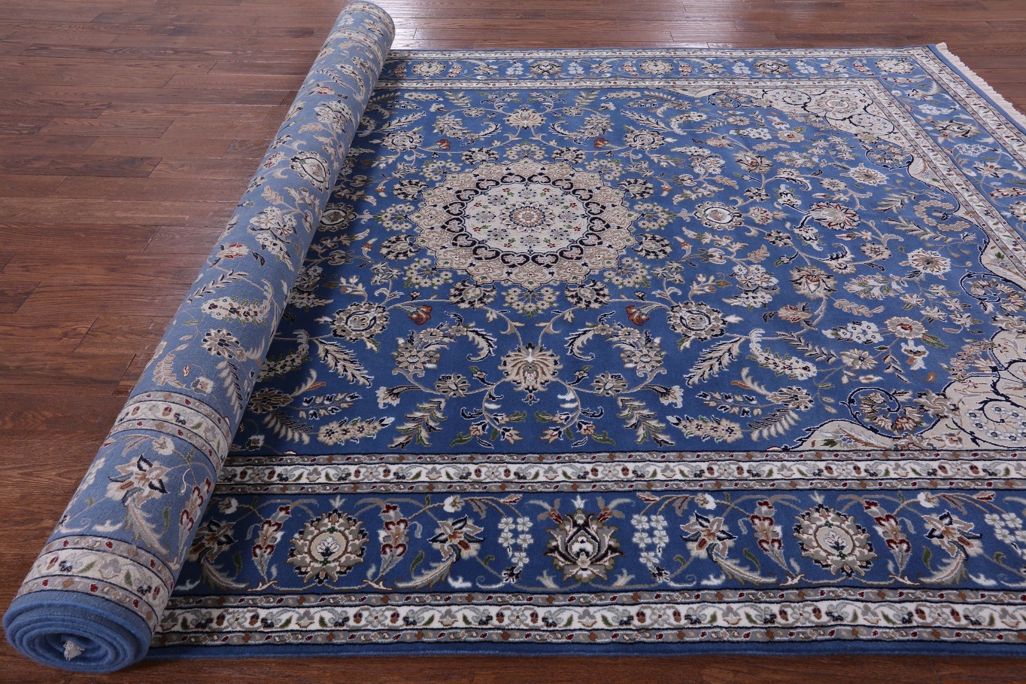 Blue Persian Nain Handmade Wool & Silk Rug - 9' 1" X 19' 8"