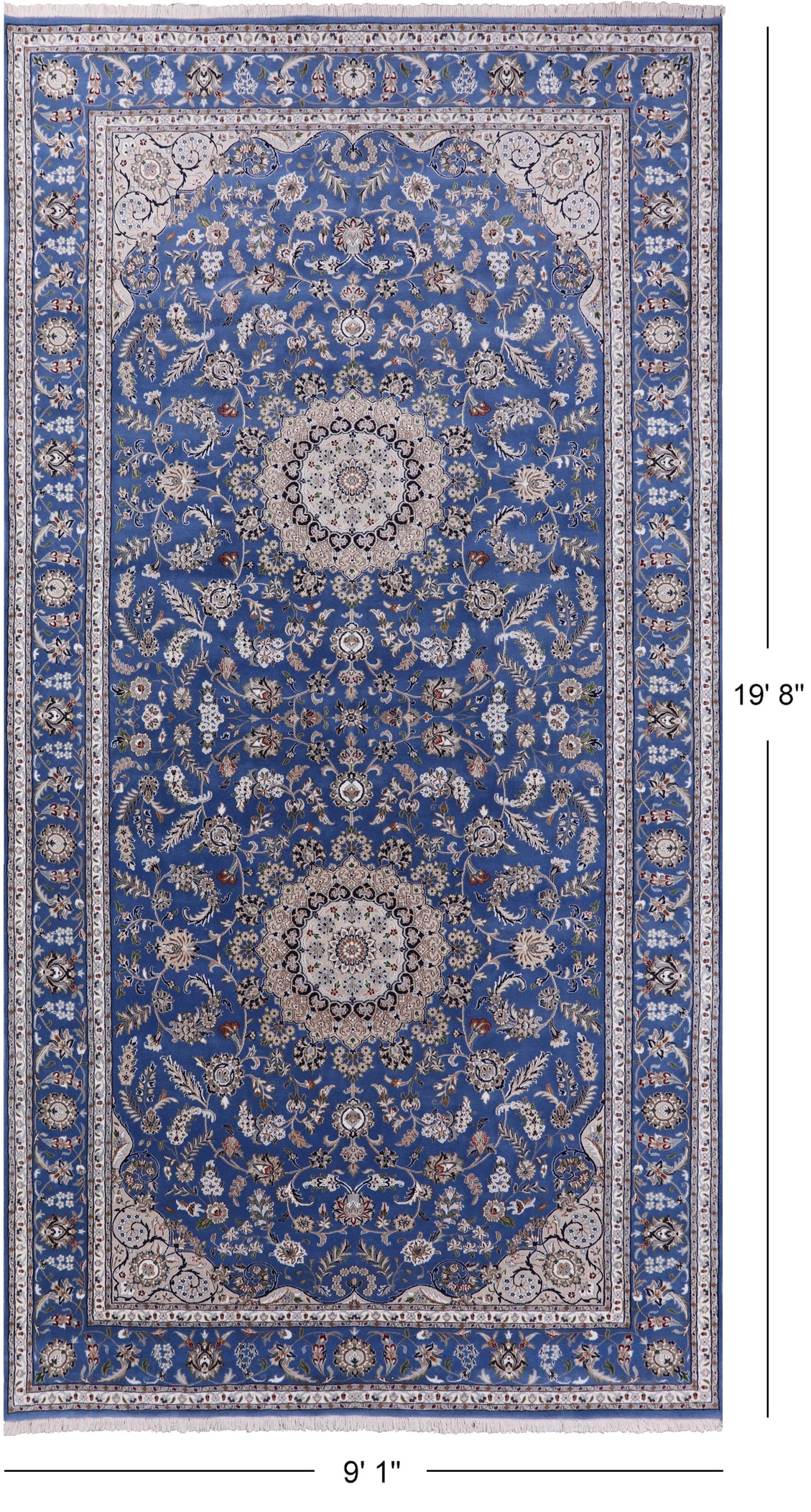 Blue Persian Nain Handmade Wool & Silk Rug - 9' 1" X 19' 8"