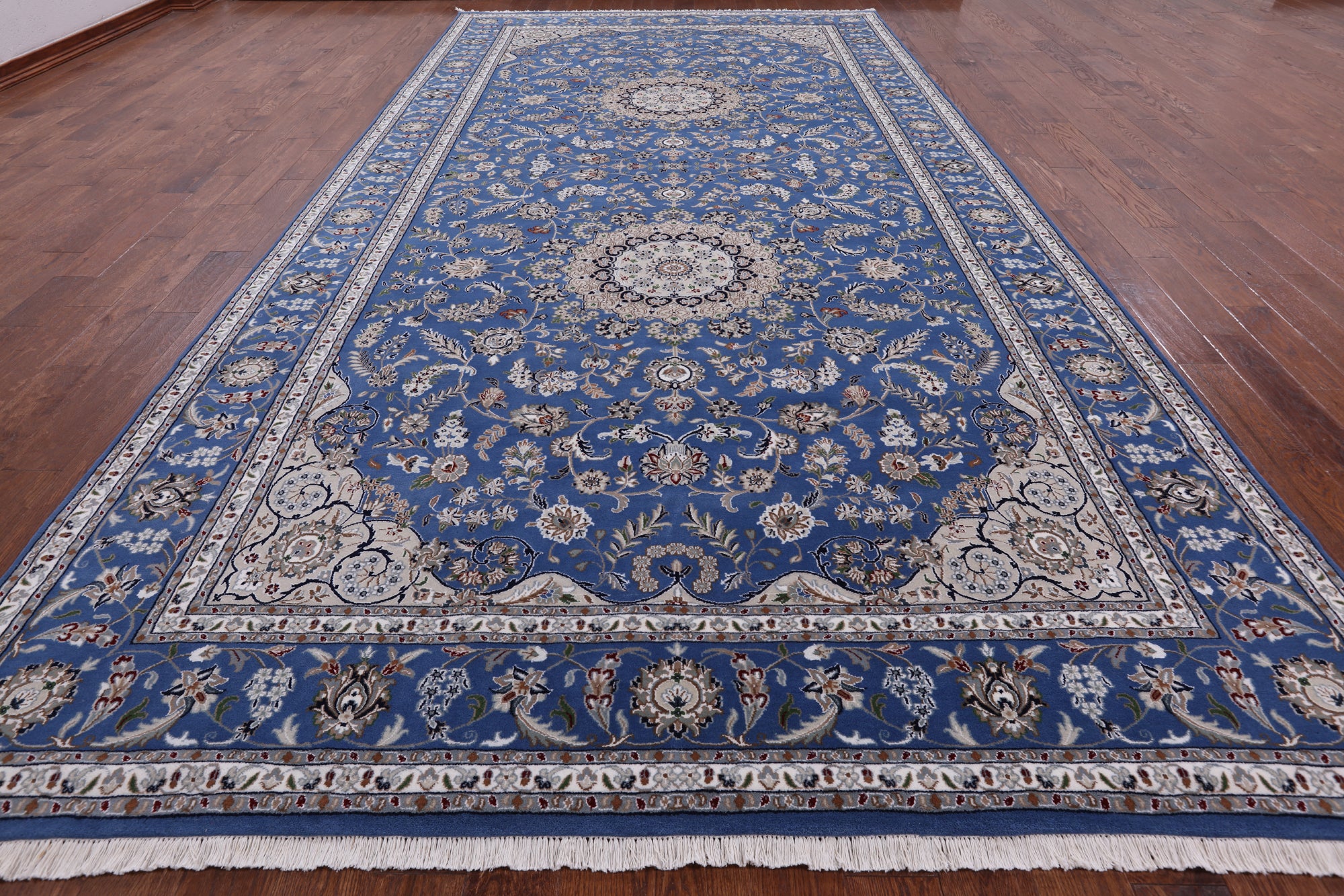 Blue Persian Nain Handmade Wool & Silk Rug - 9' 1" X 19' 8"