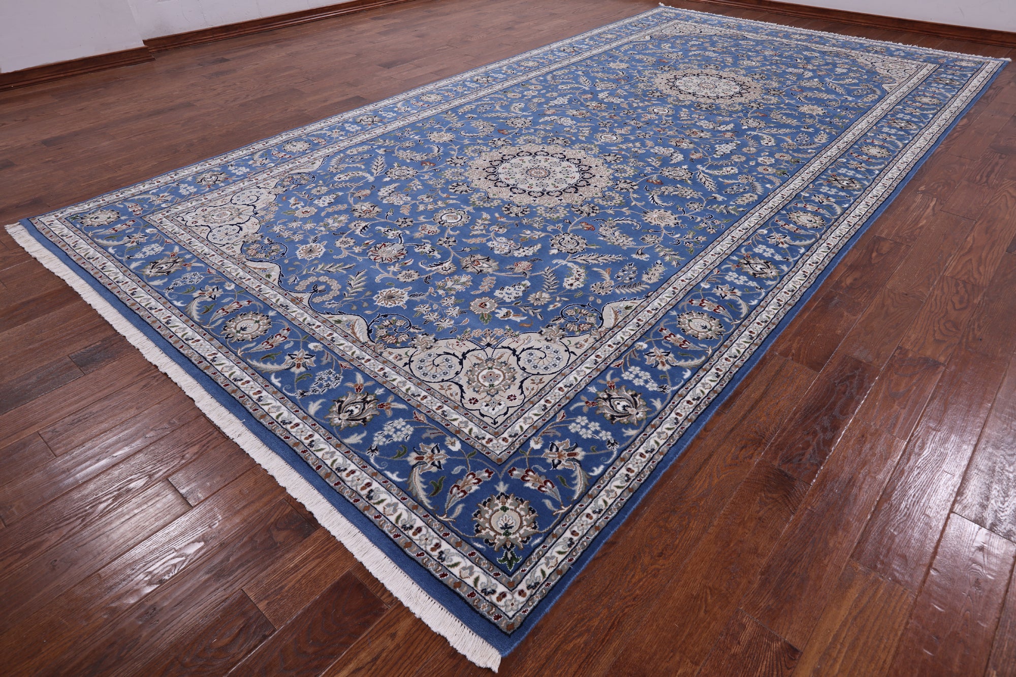 Blue Persian Nain Handmade Wool & Silk Rug - 9' 1" X 19' 8"