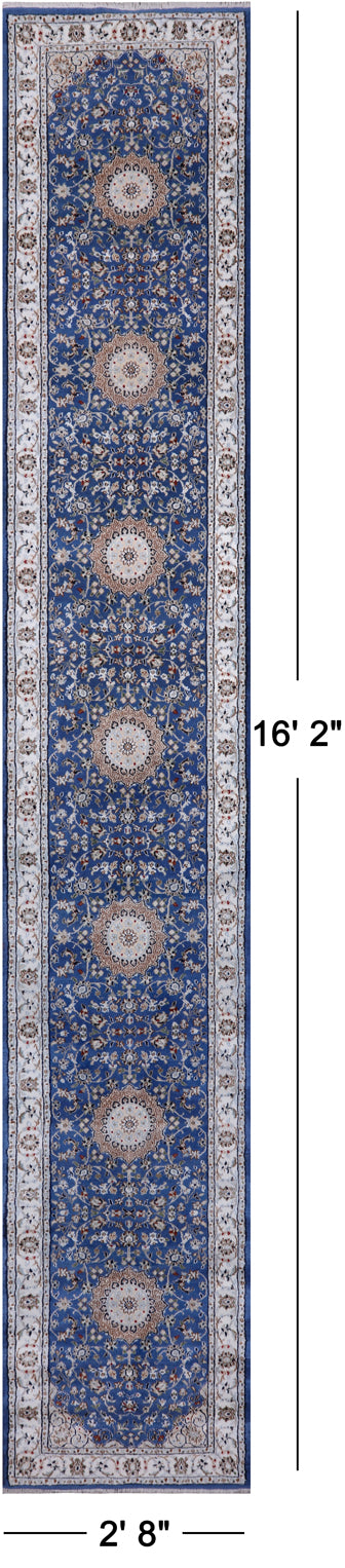 Blue Persian Nain Hand-Knotted Wool & Silk Runner Rug - 2' 8" X 16' 2"