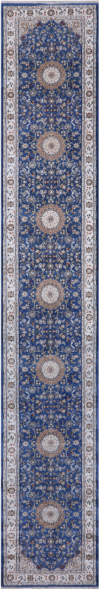 Blue Persian Nain Hand-Knotted Wool & Silk Runner Rug - 2' 8" X 16' 2"