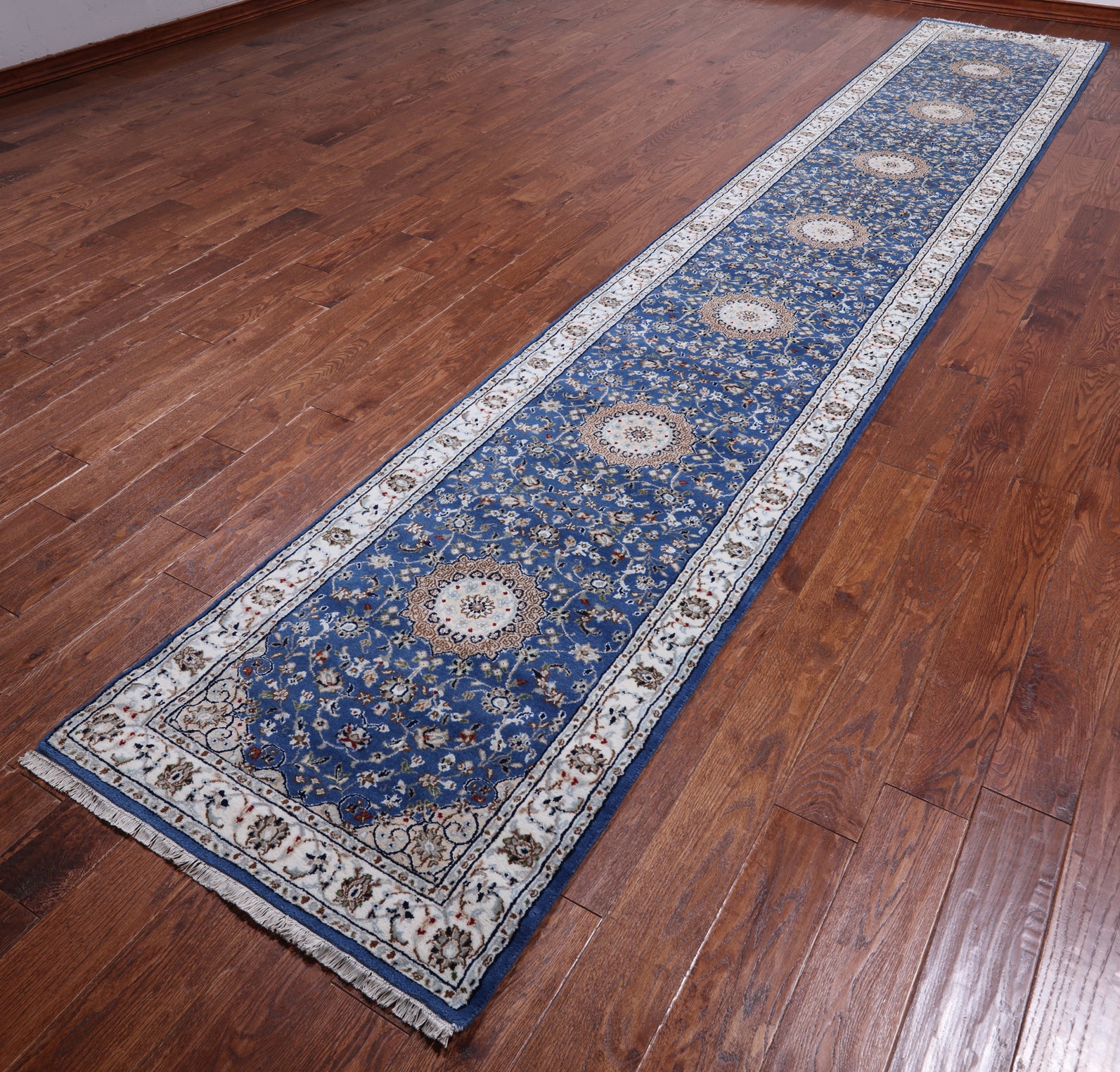 Blue Persian Nain Hand-Knotted Wool & Silk Runner Rug - 2' 8" X 16' 2"