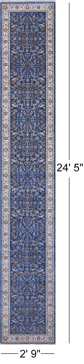 Blue Persian Nain Hand Knotted Wool & Silk Rug - 2' 9" X 24' 5"