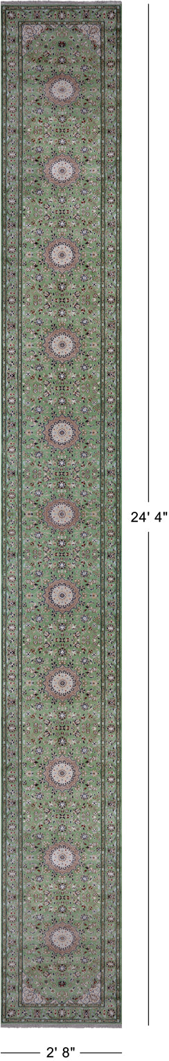 Green Persian Nain Handmade Wool & Silk Rug - 2' 8" X 24' 4"