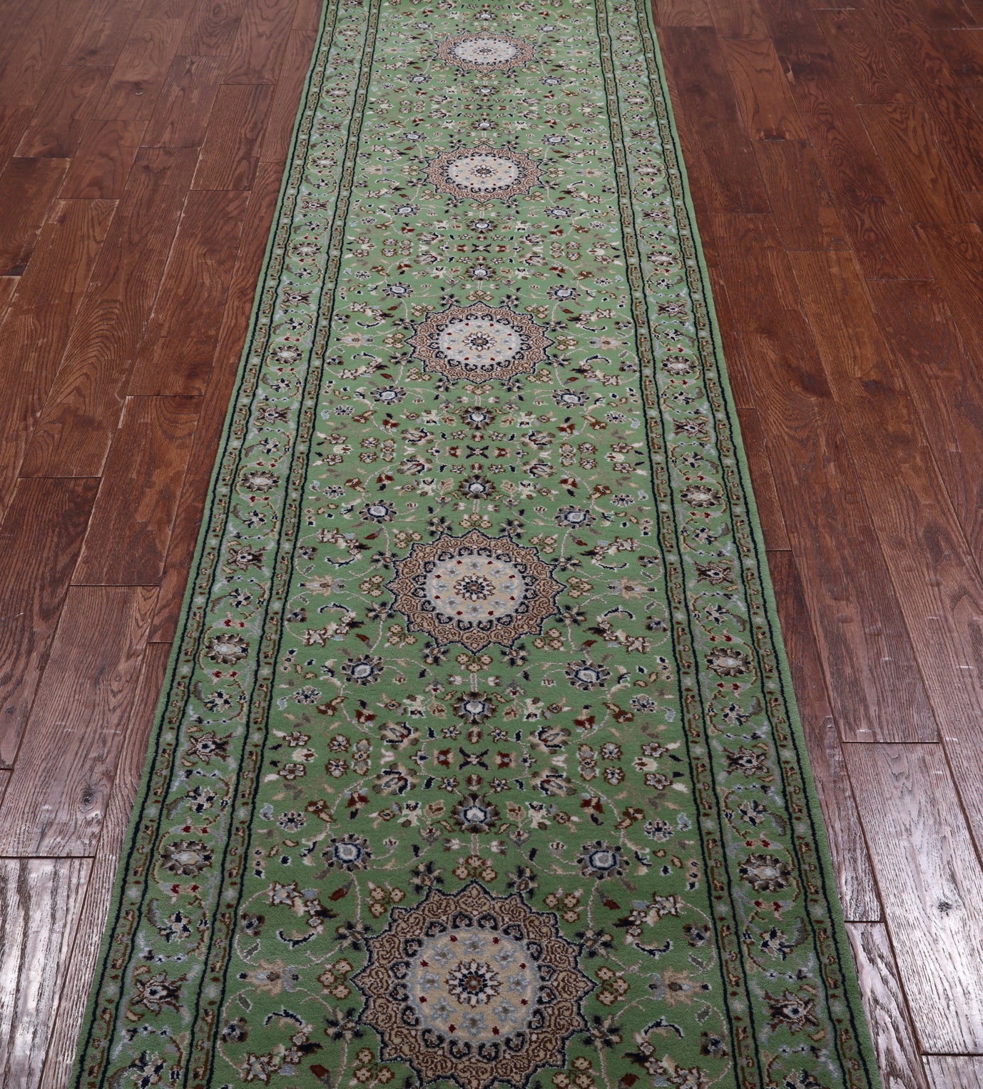 Green Persian Nain Handmade Wool & Silk Rug - 2' 8" X 24' 4"