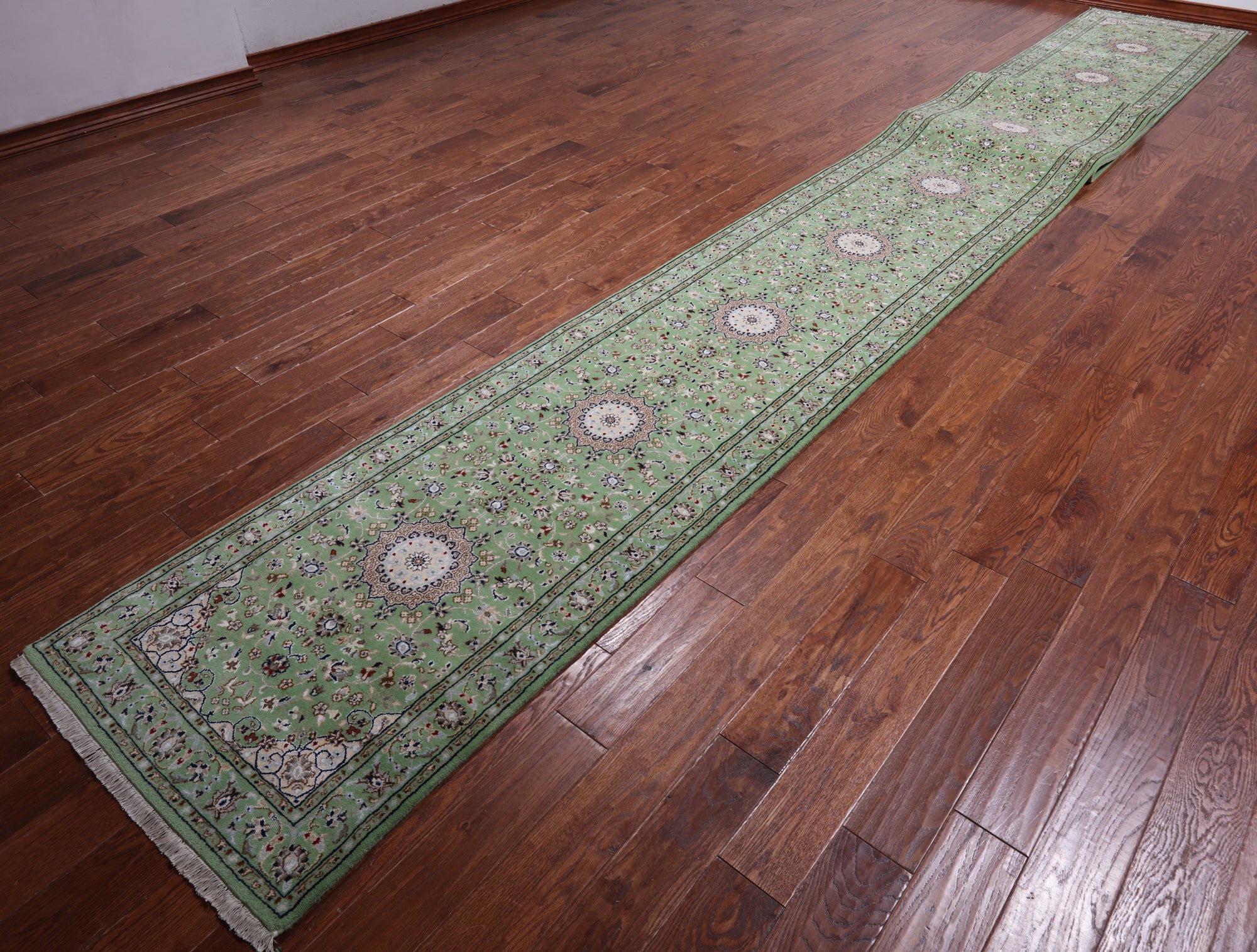 Green Persian Nain Handmade Wool & Silk Rug - 2' 8" X 24' 4"