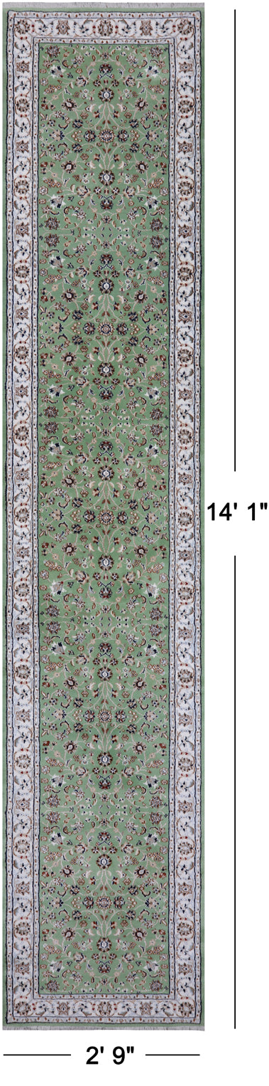 Green Persian Nain Handmade Wool & Silk Runner Rug - 2' 9" X 14' 1"