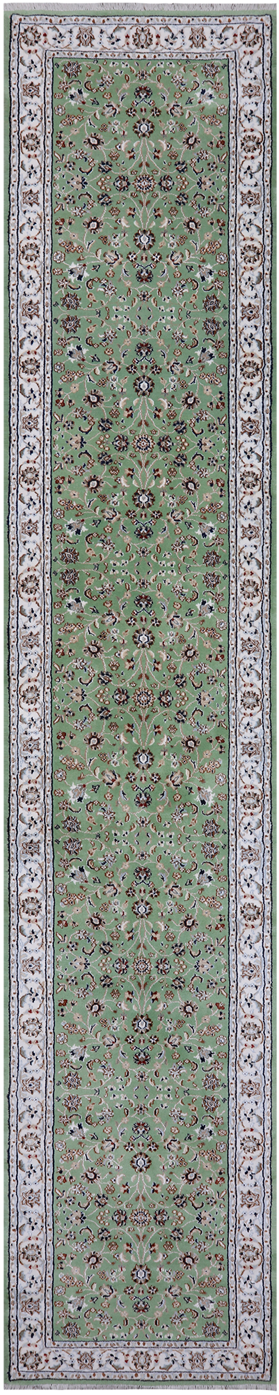 Green Persian Nain Handmade Wool & Silk Runner Rug - 2' 9" X 14' 1"
