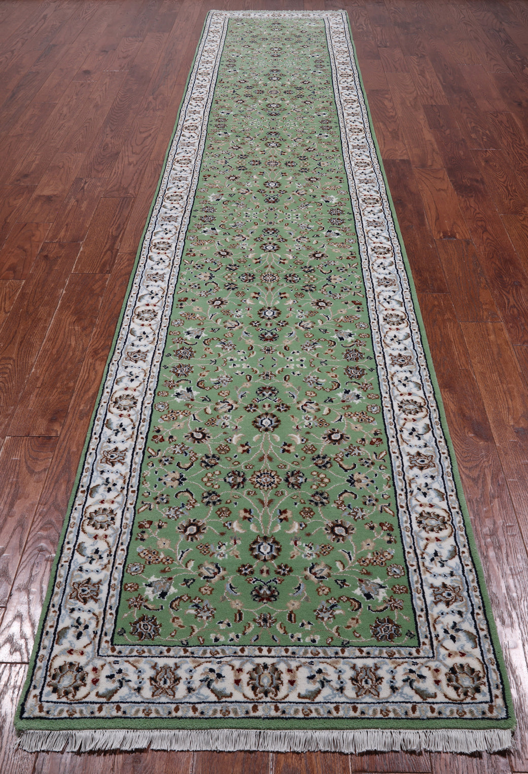 Green Persian Nain Handmade Wool & Silk Runner Rug - 2' 9" X 14' 1"