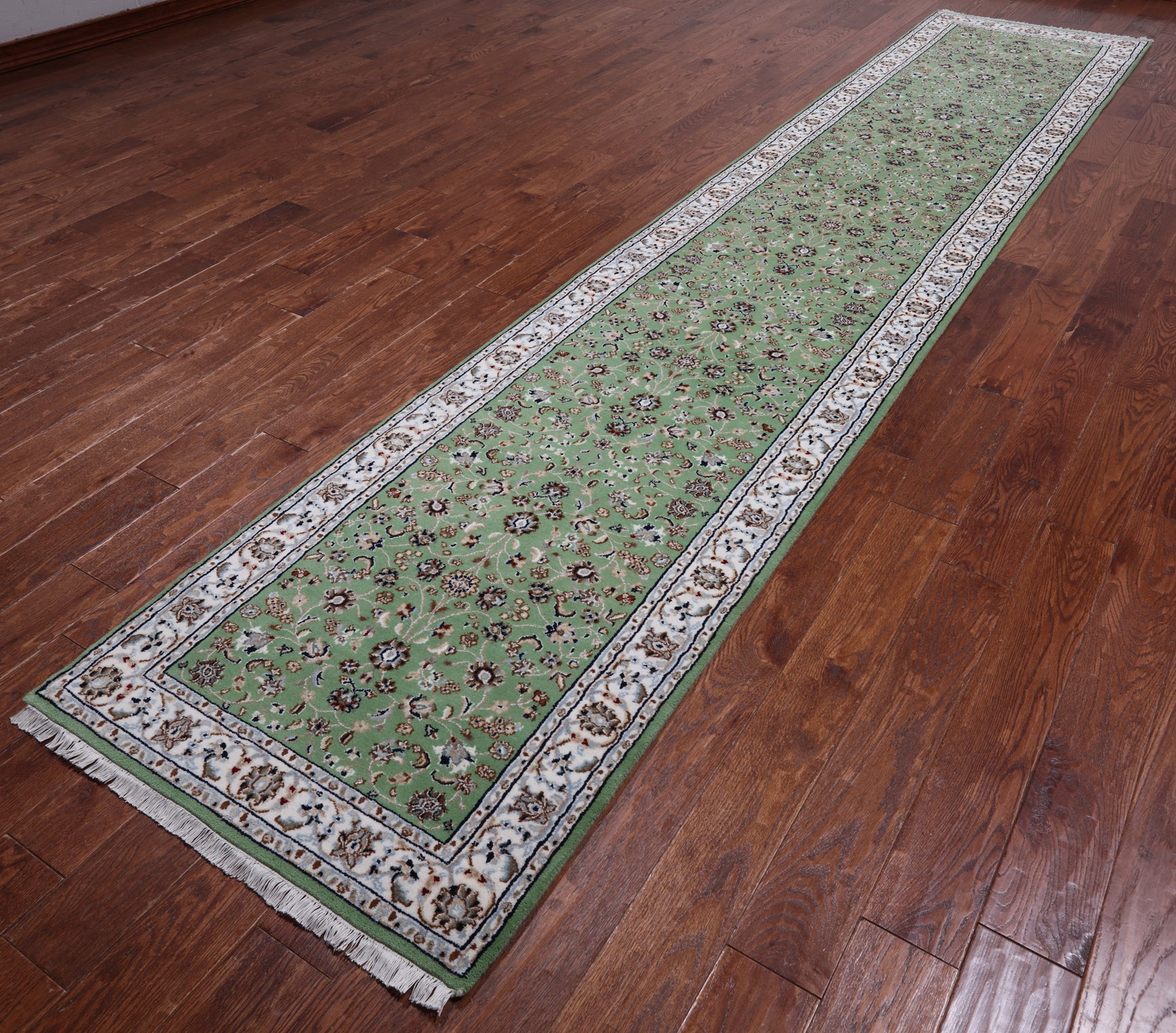 Green Persian Nain Handmade Wool & Silk Runner Rug - 2' 9" X 14' 1"