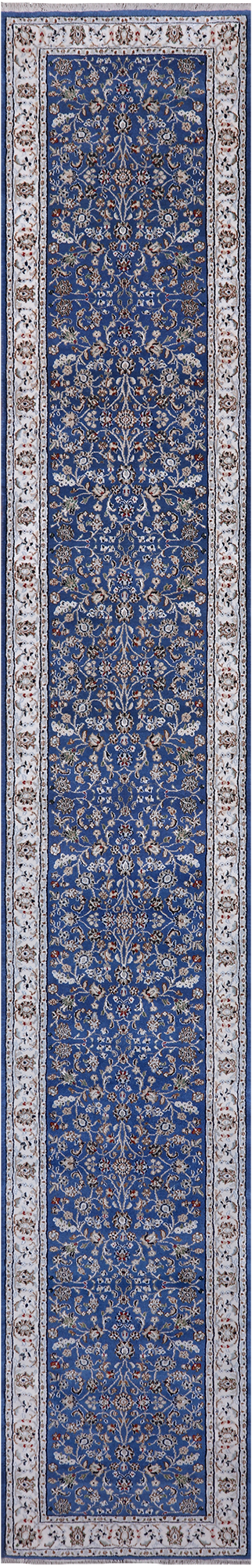 Blue Persian Nain Hand Knotted Wool & Silk Runner Rug - 2' 6" X 16' 3"