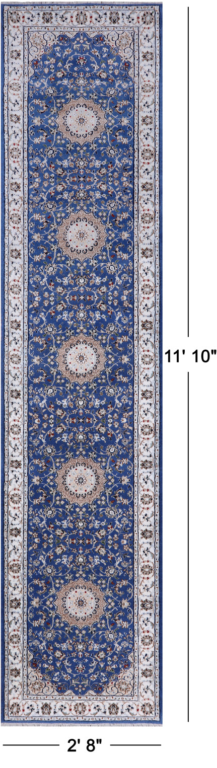 Blue Persian Nain Hand-Knotted Wool & Silk Runner Rug - 2' 8" X 11' 10"