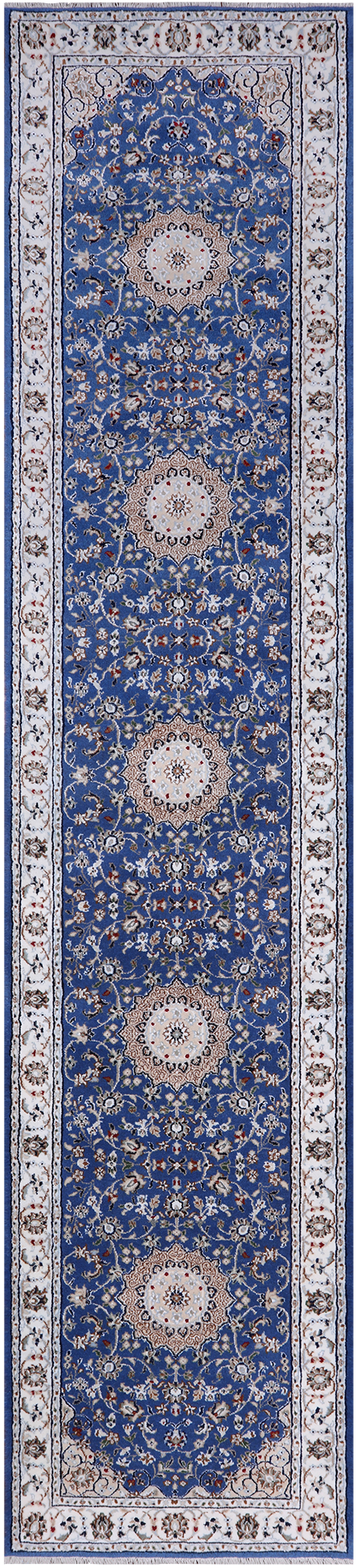 Blue Persian Nain Hand-Knotted Wool & Silk Runner Rug - 2' 8" X 11' 10"