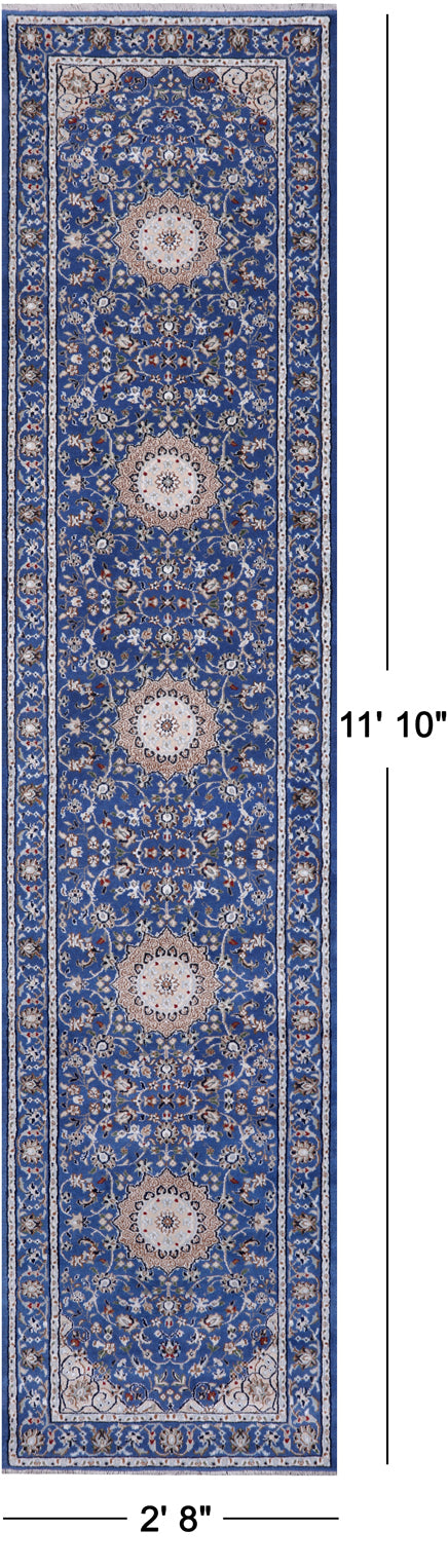 Blue Persian Nain Hand Knotted Wool & Silk Runner Rug - 2' 8" X 11' 10"