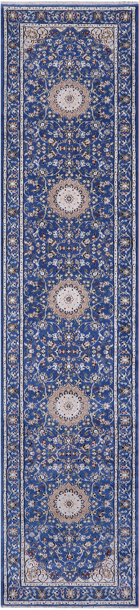 Blue Persian Nain Hand Knotted Wool & Silk Runner Rug - 2' 8" X 11' 10"