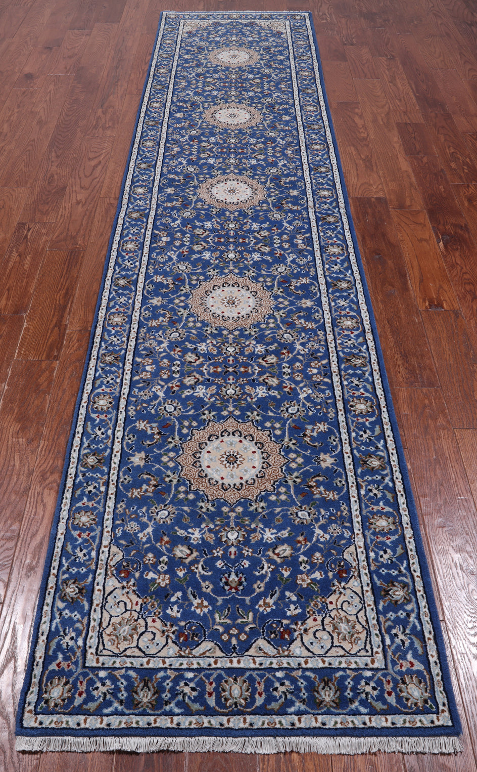 Blue Persian Nain Hand Knotted Wool & Silk Runner Rug - 2' 8" X 11' 10"