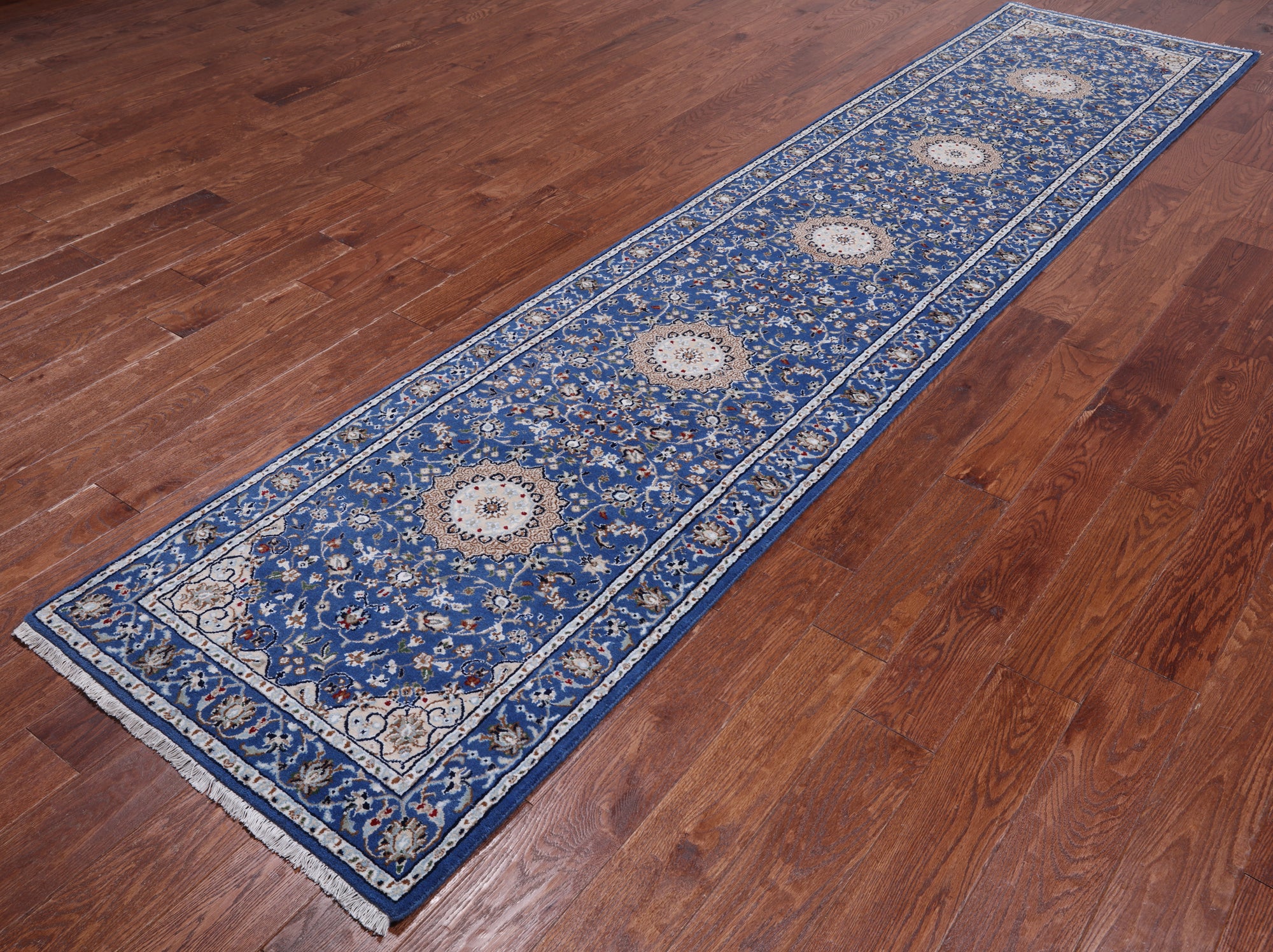 Blue Persian Nain Hand Knotted Wool & Silk Runner Rug - 2' 8" X 11' 10"