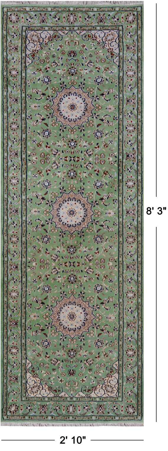 Green Persian Nain Handmade Wool & Silk Runner Rug - 2' 10" X 8' 3"