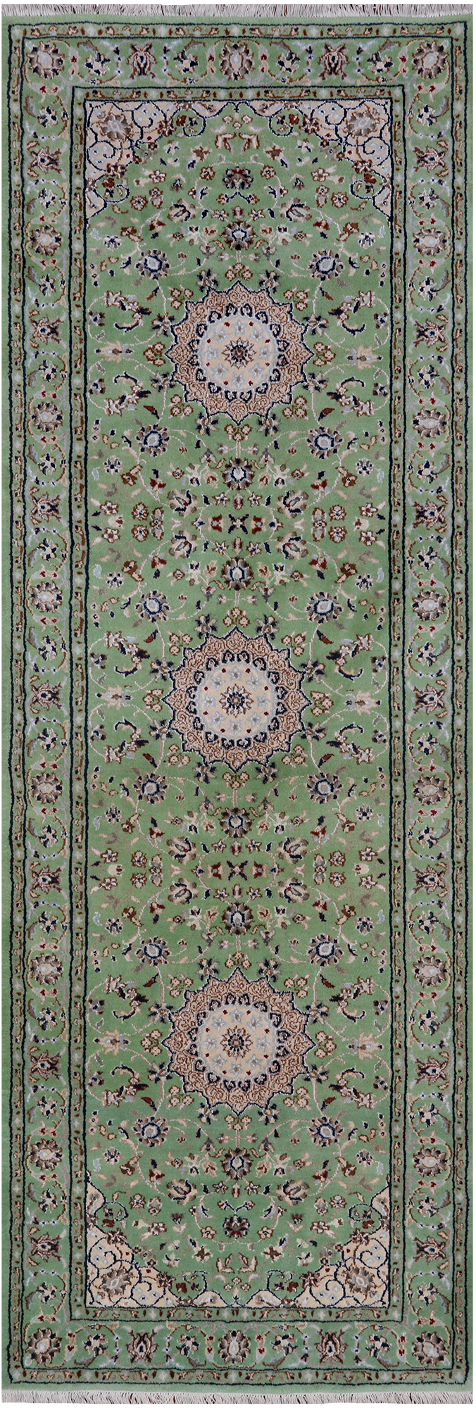 Green Persian Nain Handmade Wool & Silk Runner Rug - 2' 10" X 8' 3"