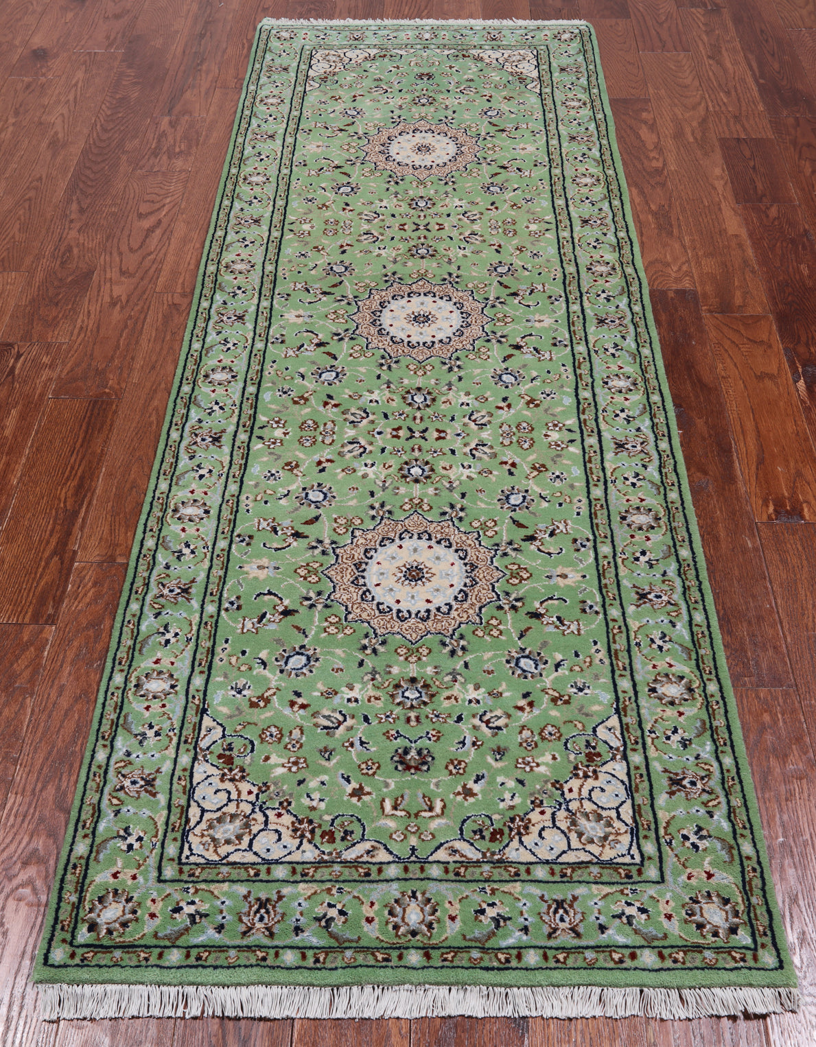 Green Persian Nain Handmade Wool & Silk Runner Rug - 2' 10" X 8' 3"