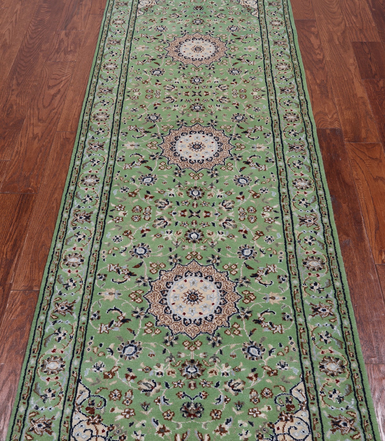 Green Persian Nain Handmade Wool & Silk Runner Rug - 2' 10" X 8' 3"