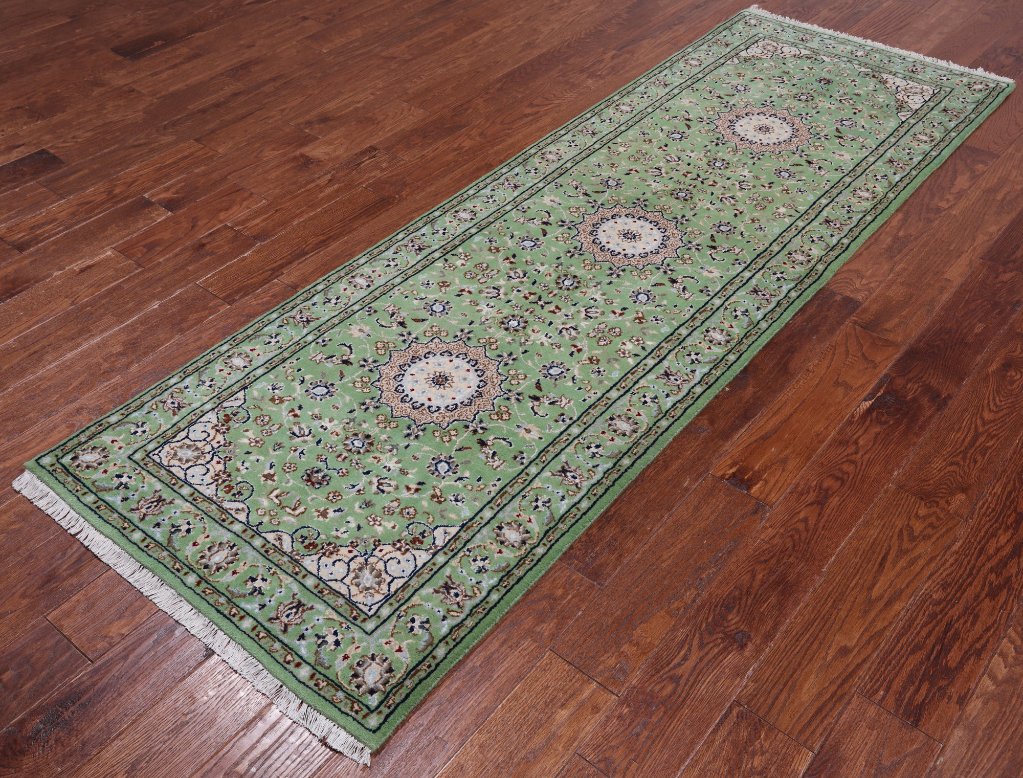 Green Persian Nain Handmade Wool & Silk Runner Rug - 2' 10" X 8' 3"