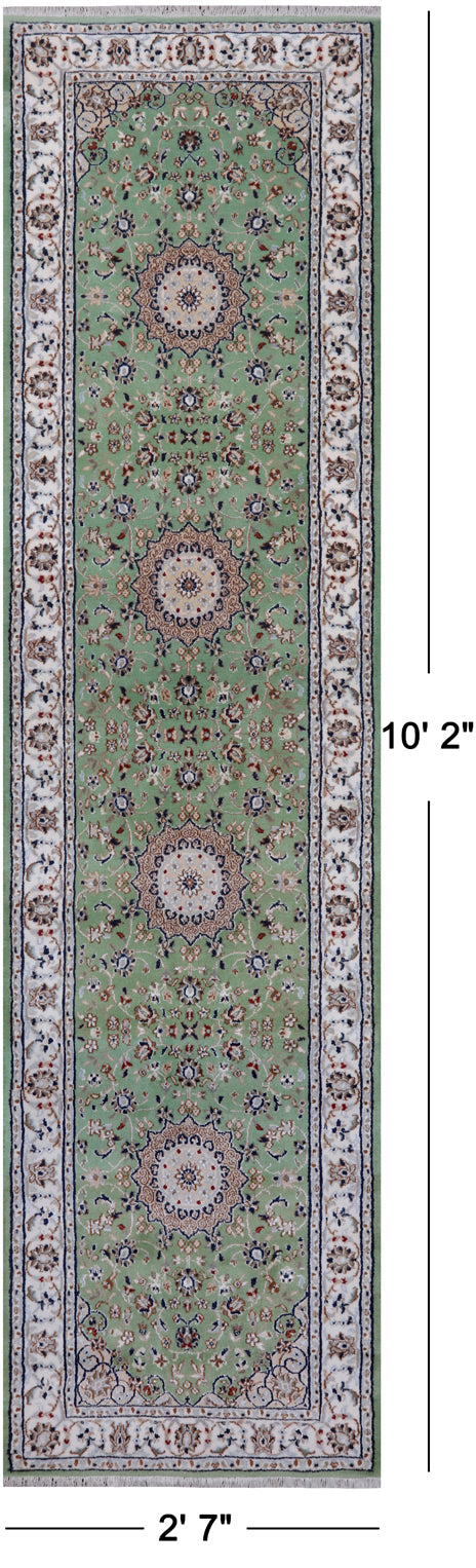 Green Persian Nain Hand Knotted Wool & Silk Runner Rug - 2' 7" X 10' 2"