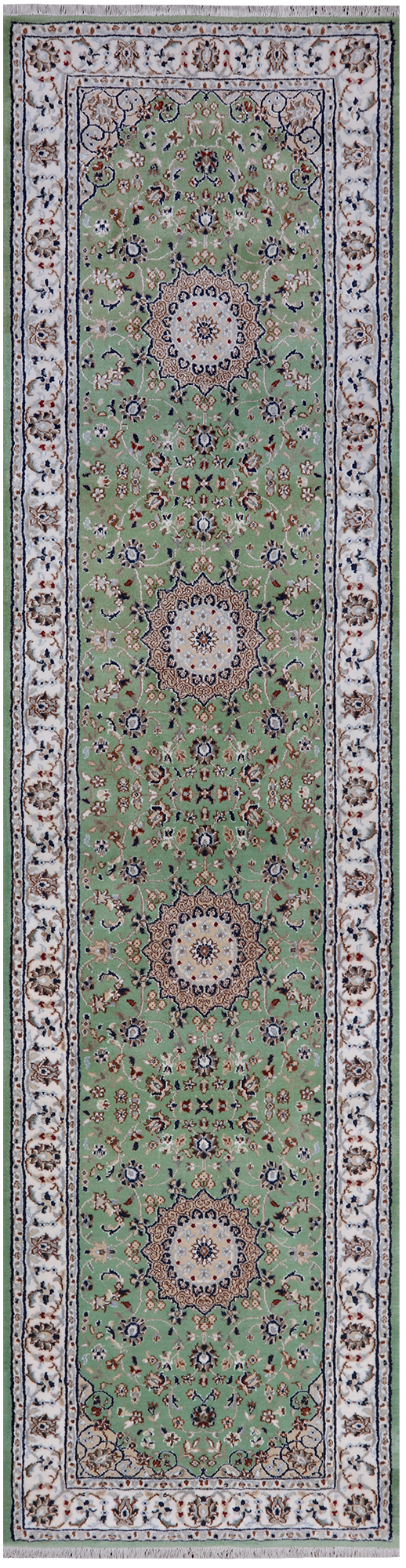Green Persian Nain Hand Knotted Wool & Silk Runner Rug - 2' 7" X 10' 2"