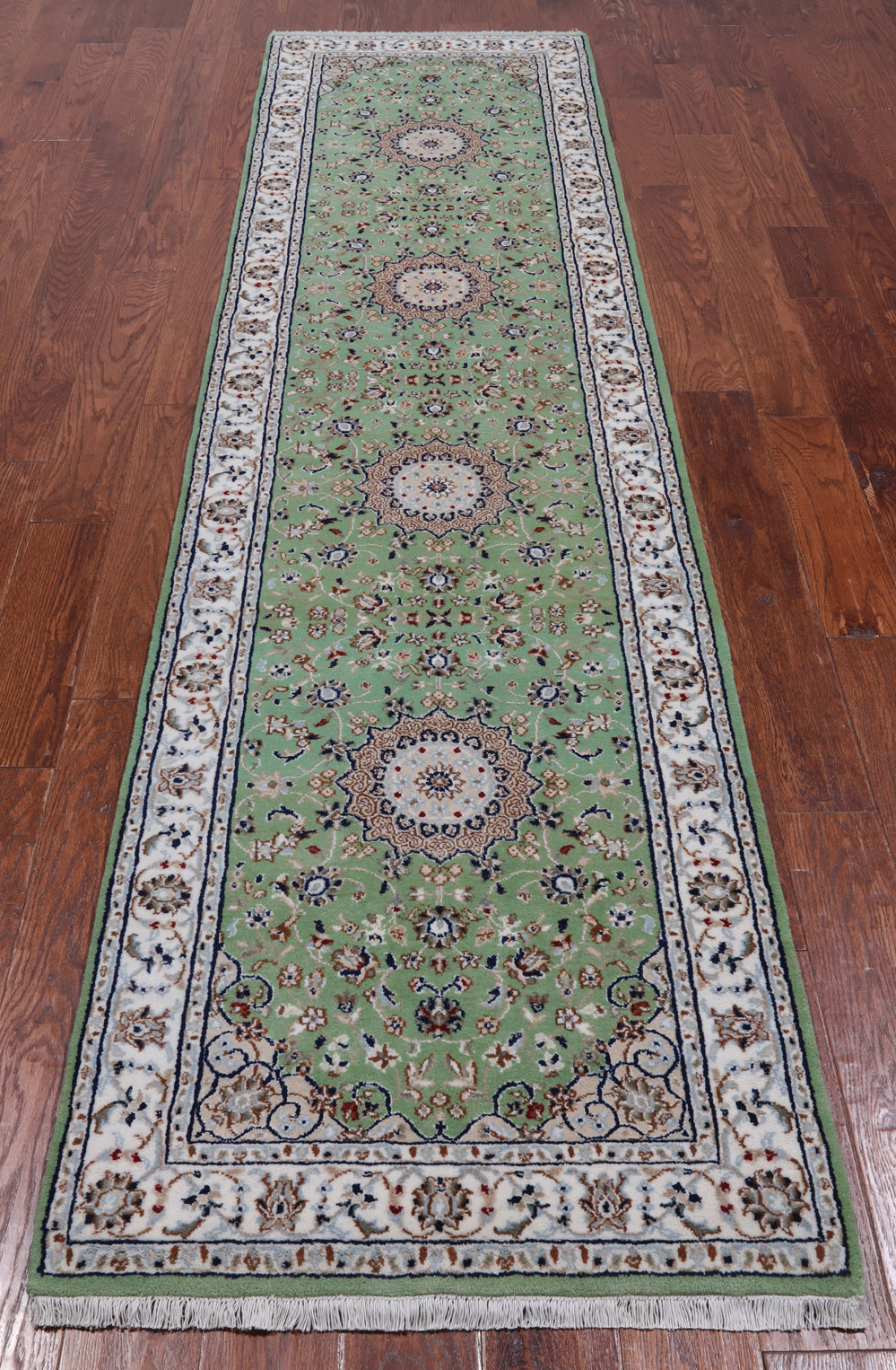 Green Persian Nain Hand Knotted Wool & Silk Runner Rug - 2' 7" X 10' 2"