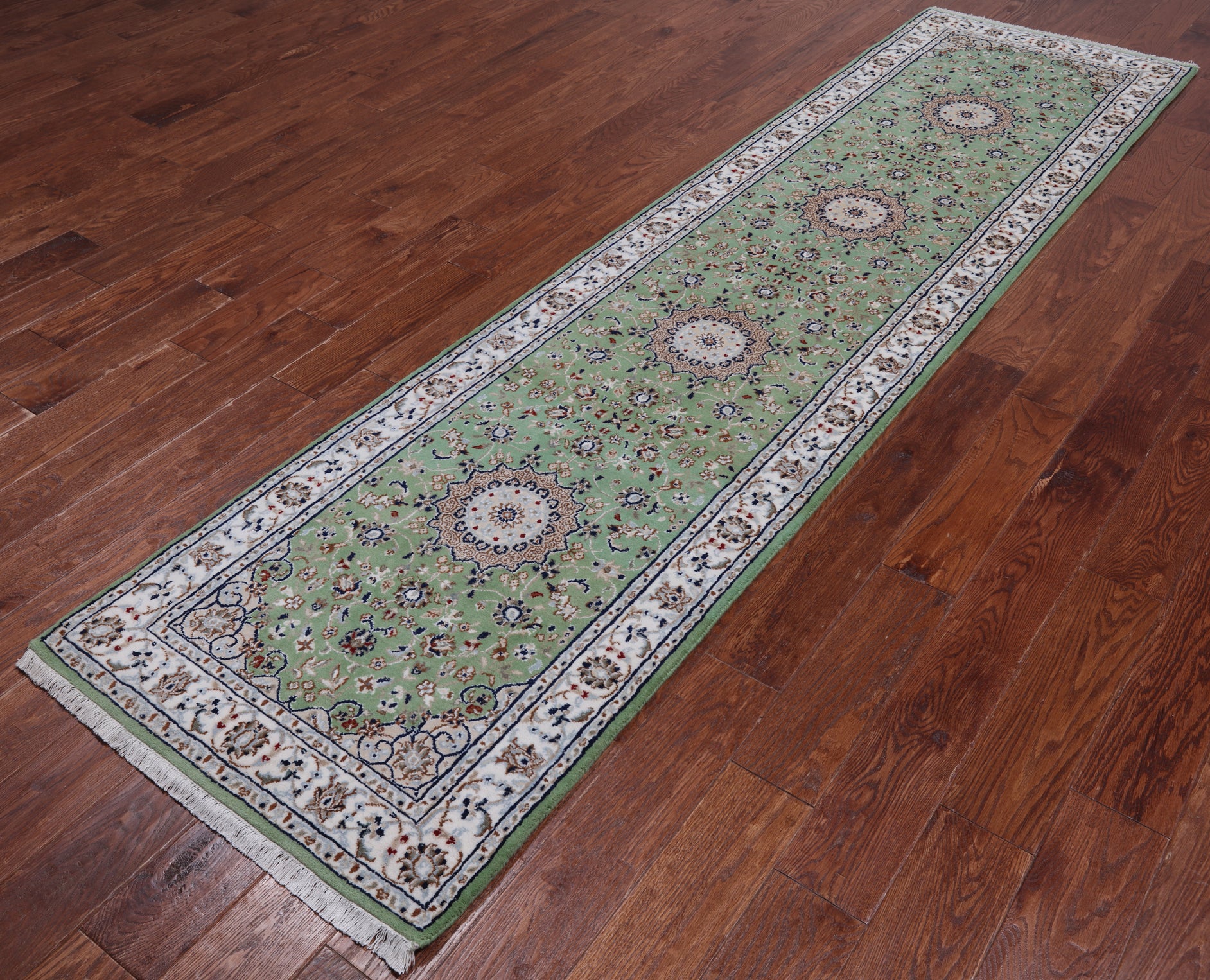 Green Persian Nain Hand Knotted Wool & Silk Runner Rug - 2' 7" X 10' 2"