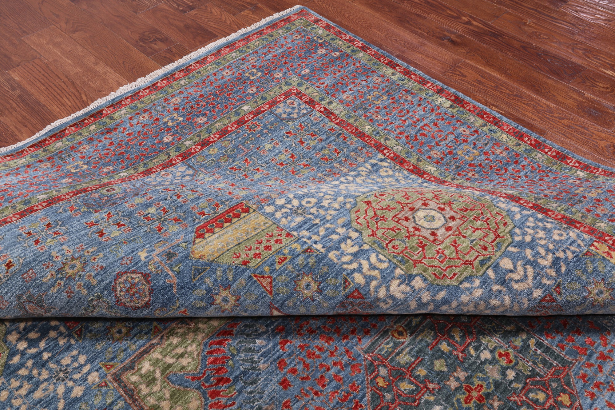 Blue Geometric Persian Mamluk Handmade Wool Rug - 9' 2" X 12' 5"