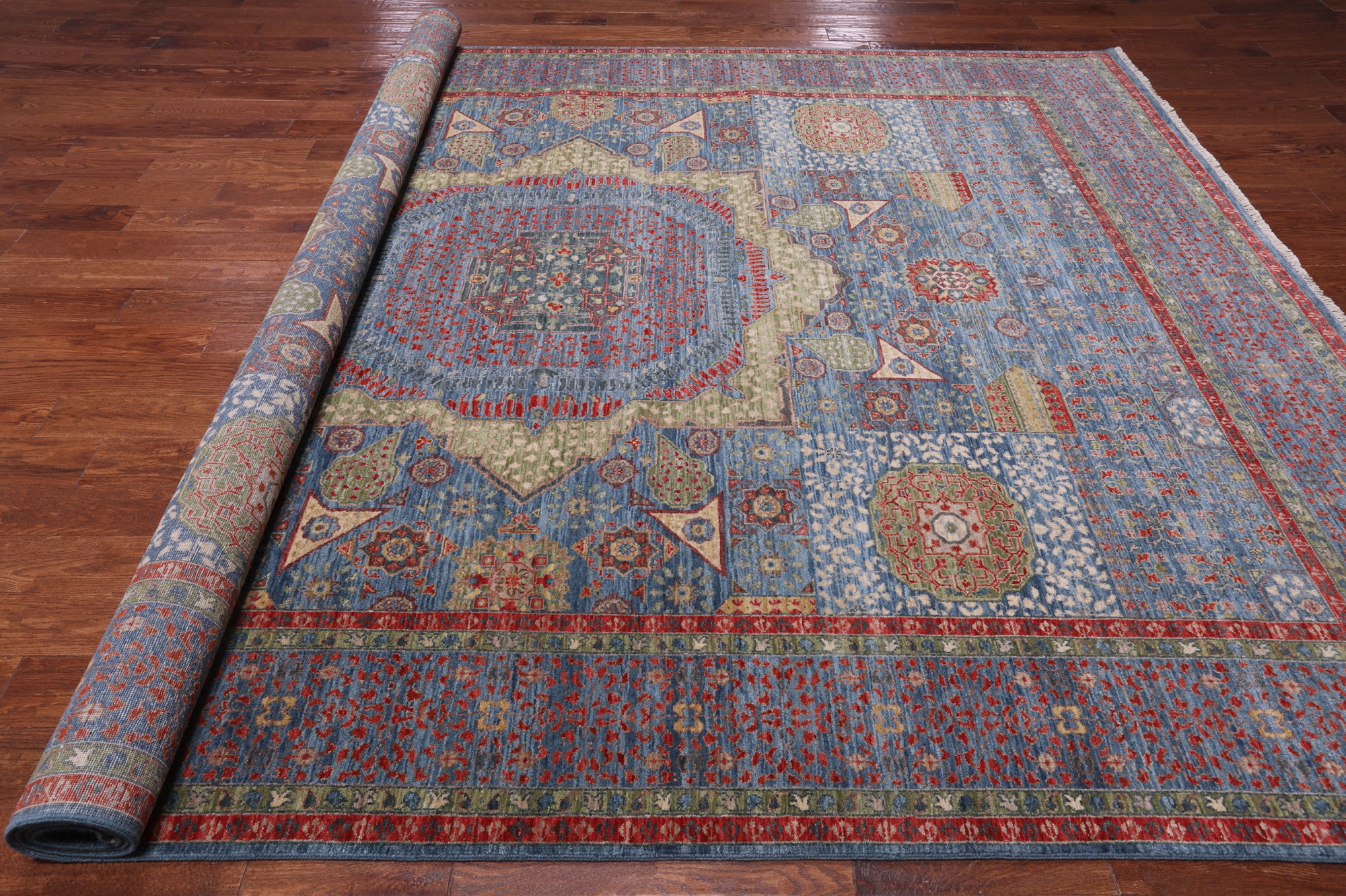 Blue Geometric Persian Mamluk Handmade Wool Rug - 9' 2" X 12' 5"