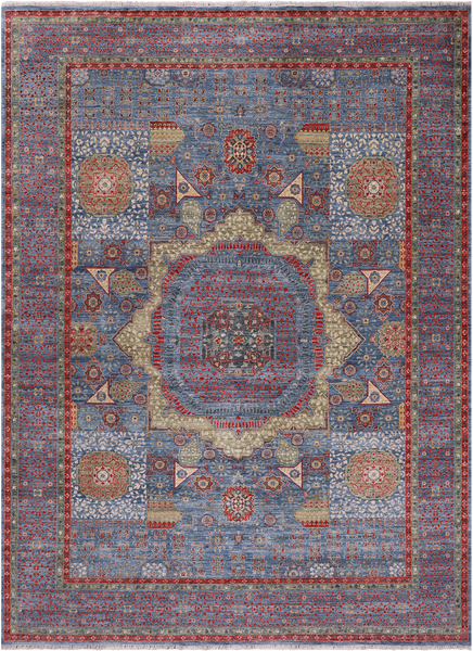 Blue Geometric Persian Mamluk Handmade Wool Rug - 9' 2" X 12' 5"