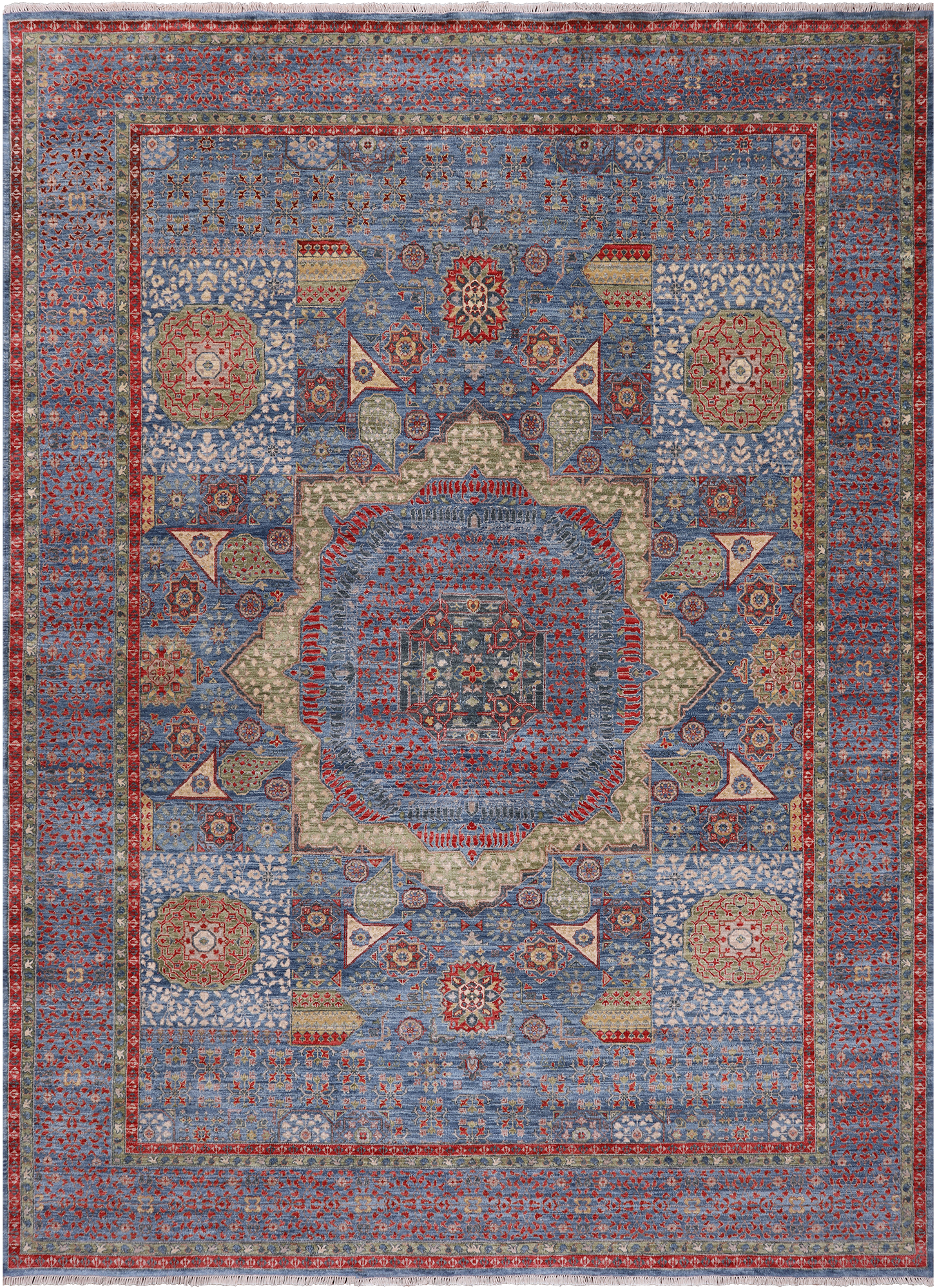 Blue Geometric Persian Mamluk Handmade Wool Rug - 9' 2" X 12' 5"