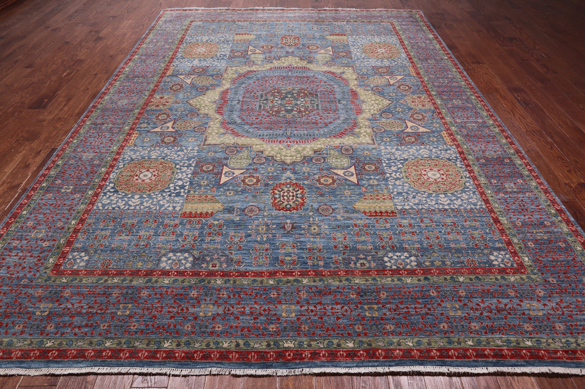 Blue Geometric Persian Mamluk Handmade Wool Rug - 9' 2" X 12' 5"