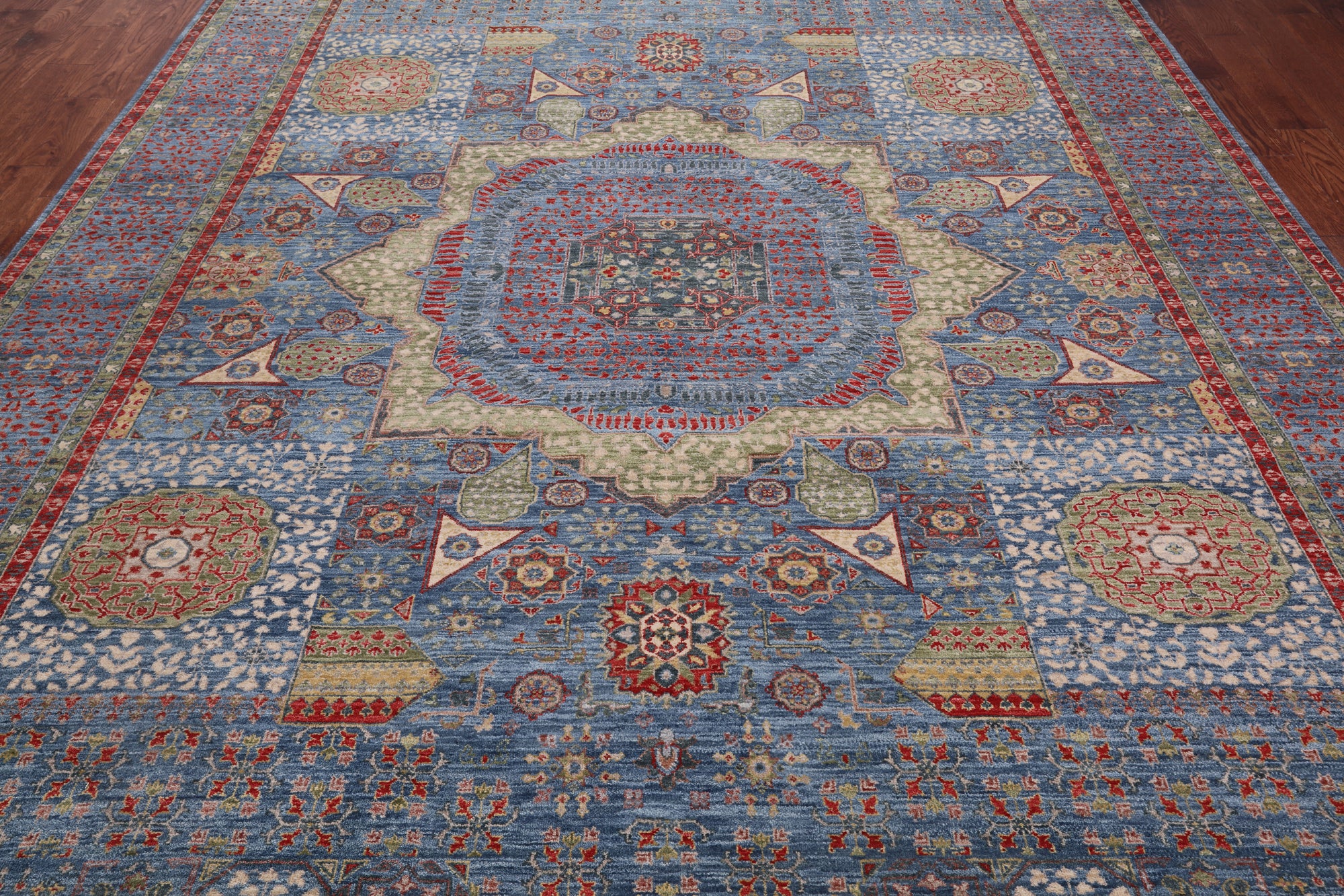 Blue Geometric Persian Mamluk Handmade Wool Rug - 9' 2" X 12' 5"