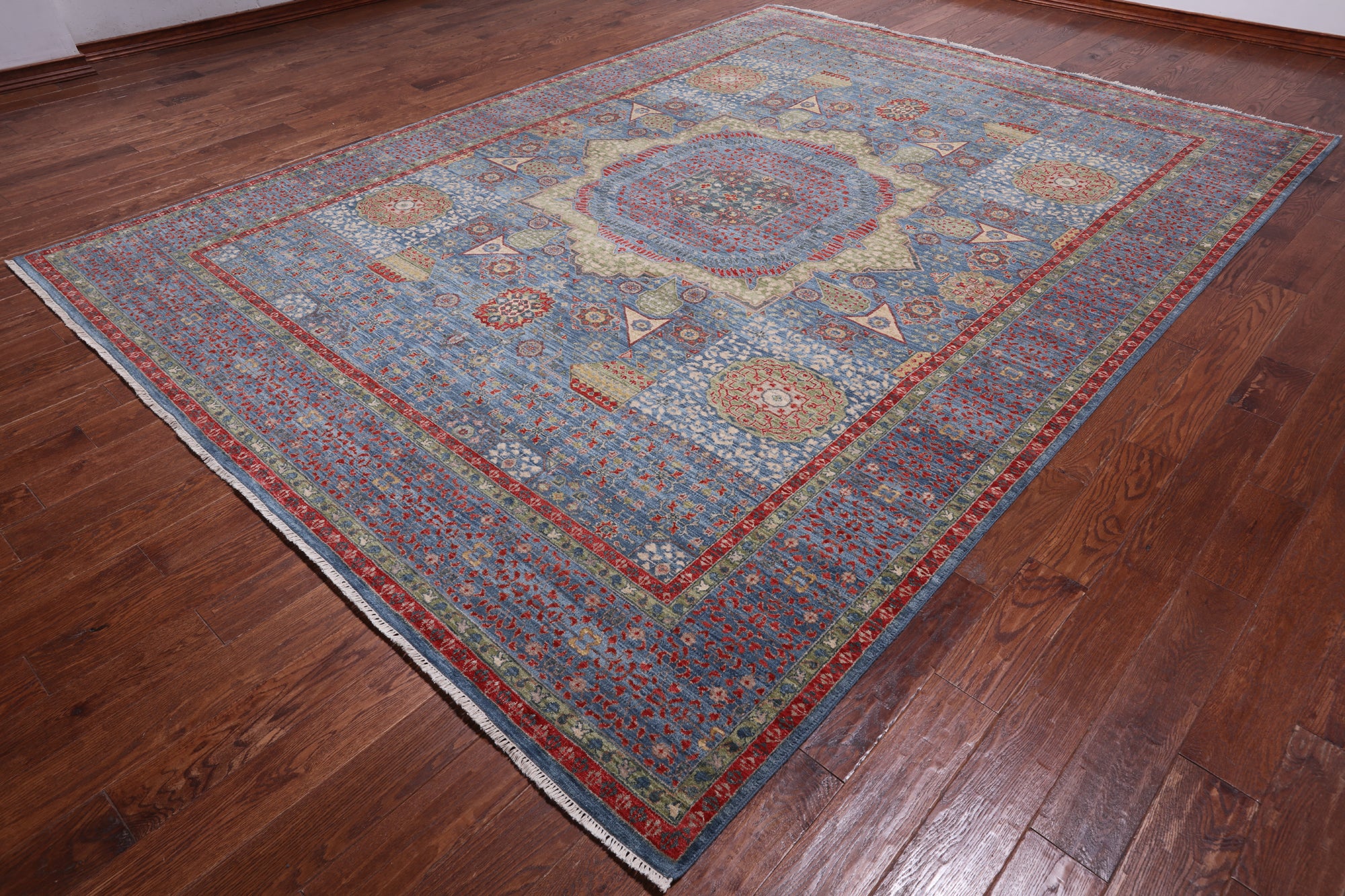 Blue Geometric Persian Mamluk Handmade Wool Rug - 9' 2" X 12' 5"