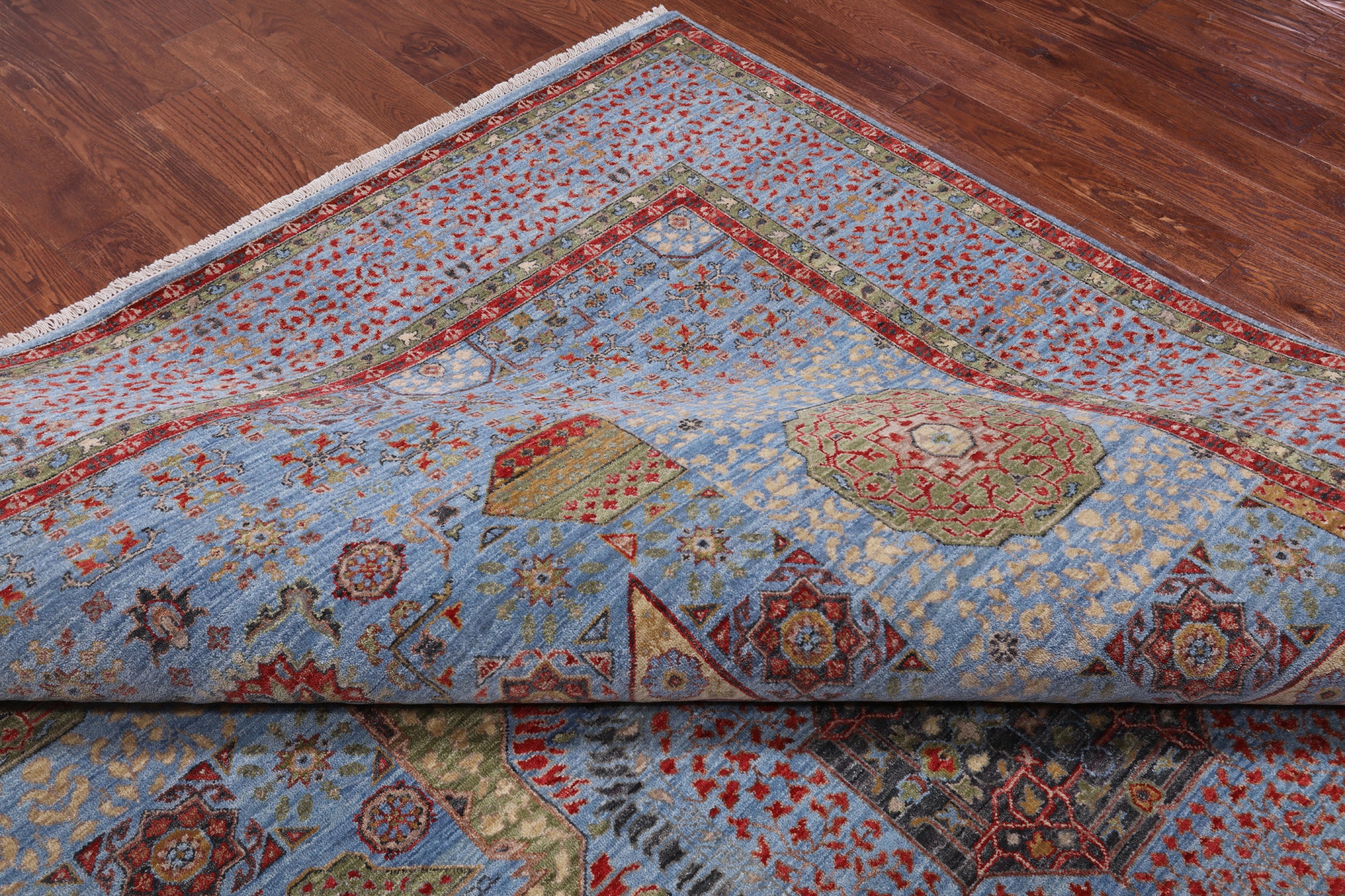 Blue Geometric Persian Mamluk Handmade Wool Rug - 9' 1" X 12' 3"