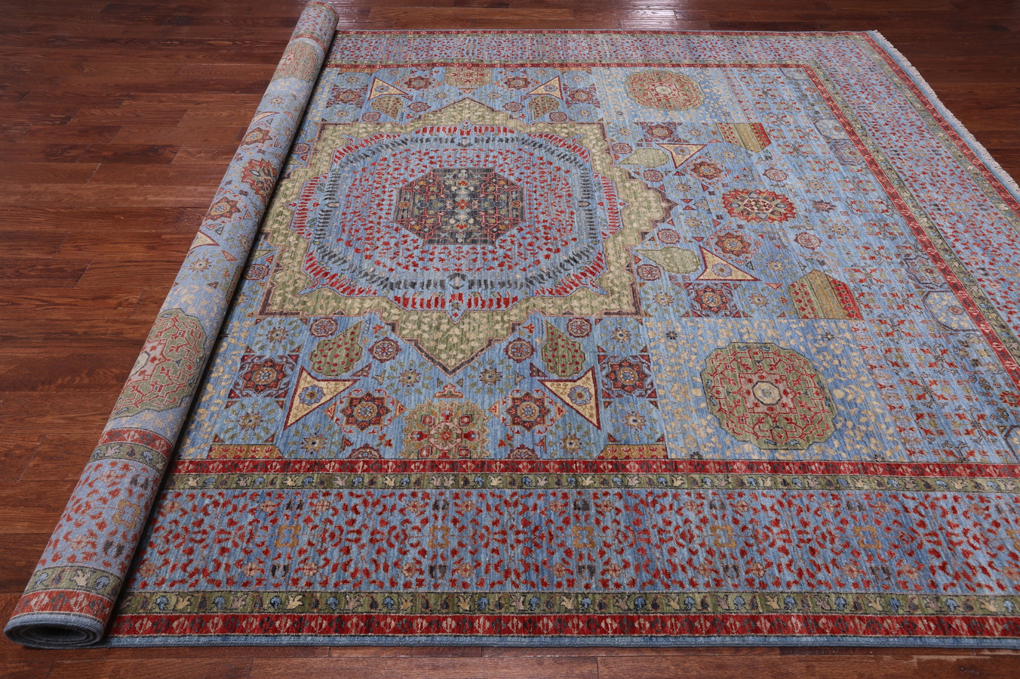 Blue Geometric Persian Mamluk Handmade Wool Rug - 9' 1" X 12' 3"