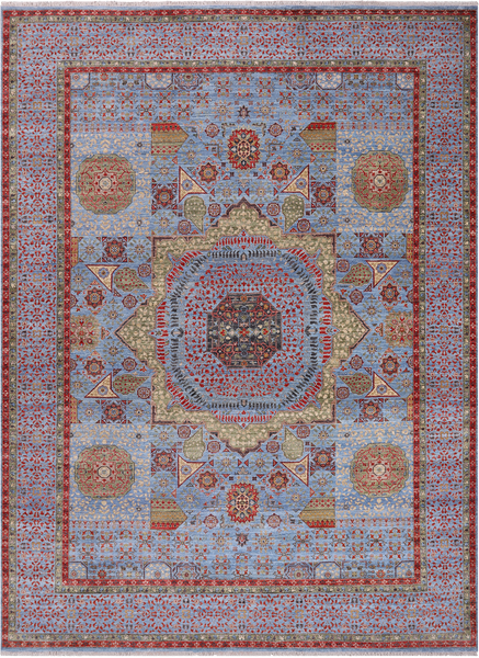 Blue Geometric Persian Mamluk Handmade Wool Rug - 9' 1" X 12' 3"
