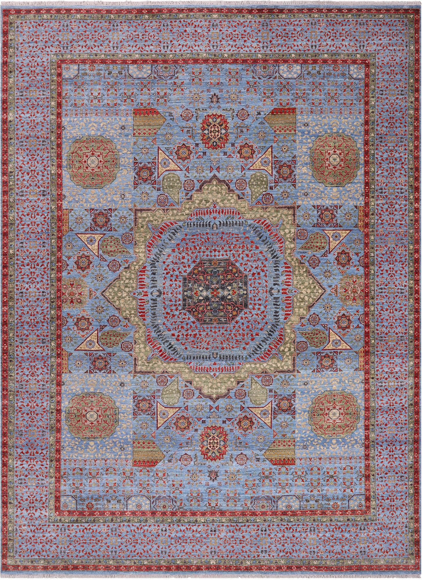 Blue Geometric Persian Mamluk Handmade Wool Rug - 9' 1" X 12' 3"