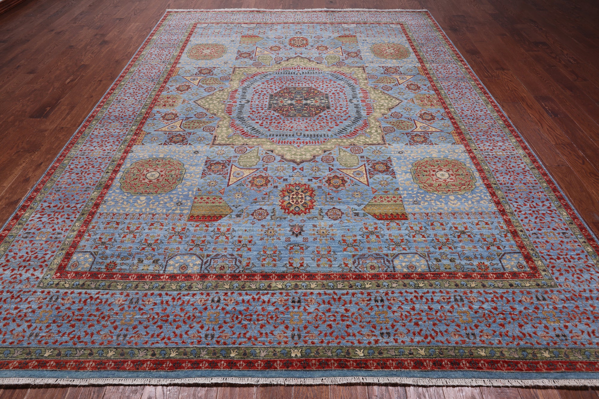 Blue Geometric Persian Mamluk Handmade Wool Rug - 9' 1" X 12' 3"