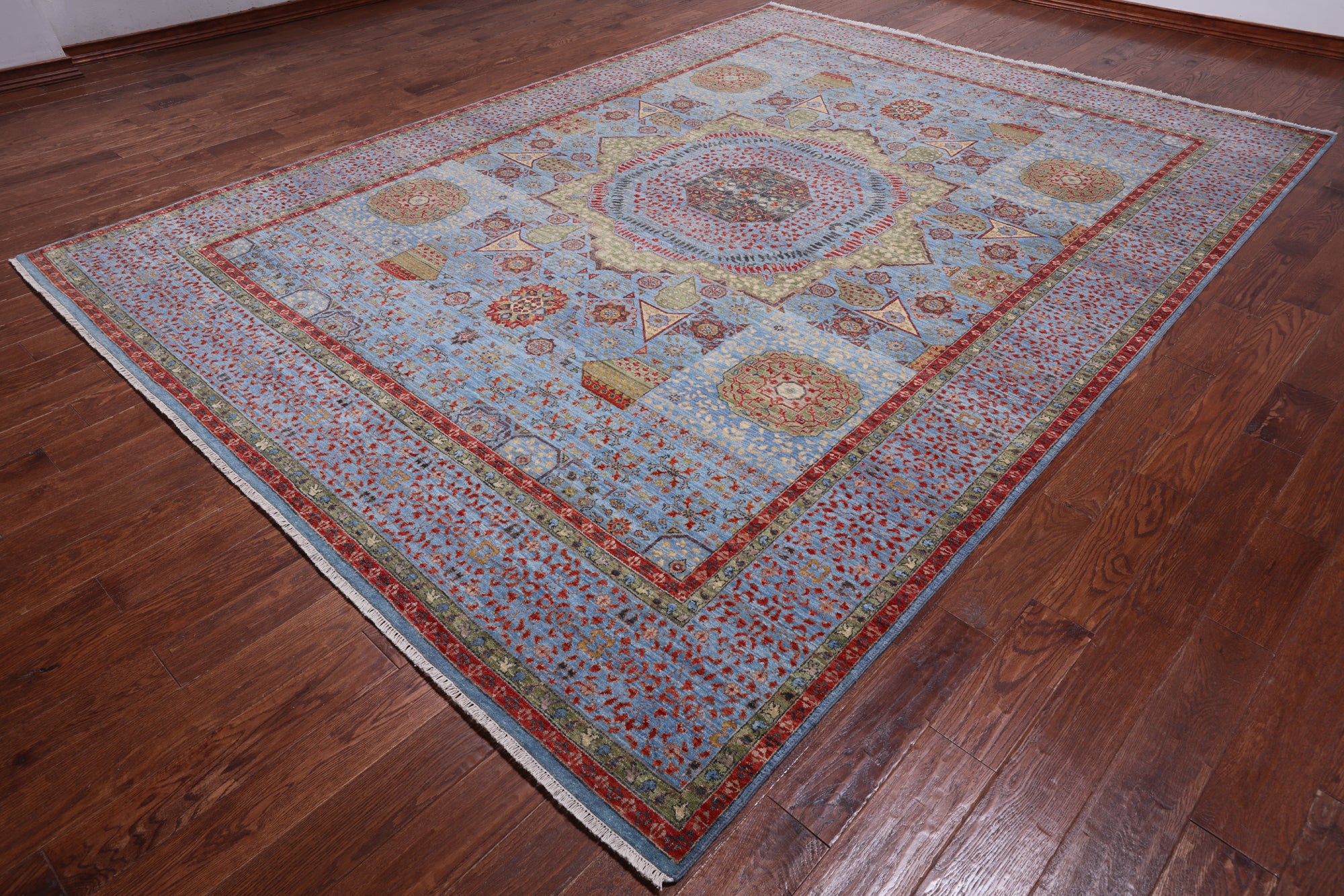 Blue Geometric Persian Mamluk Handmade Wool Rug - 9' 1" X 12' 3"