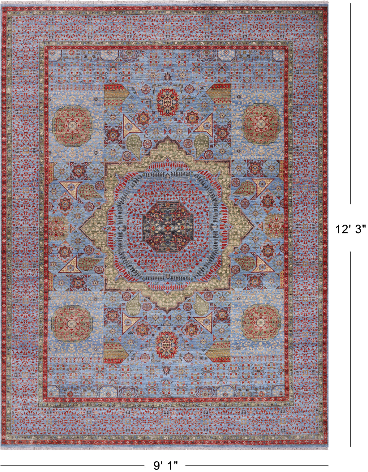 Blue Geometric Persian Mamluk Handmade Wool Rug - 9' 1" X 12' 3"