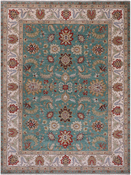 Green Persian Tabriz Handmade Wool Rug - 9' 1" X 12' 1"