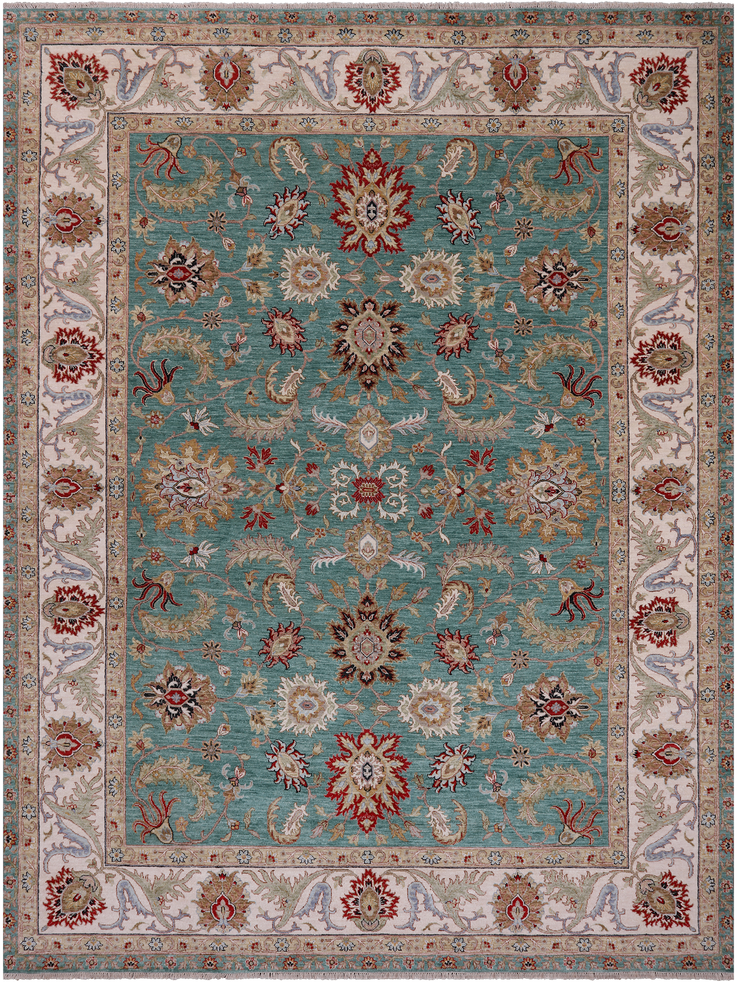 Green Persian Tabriz Handmade Wool Rug - 9' 1" X 12' 1"